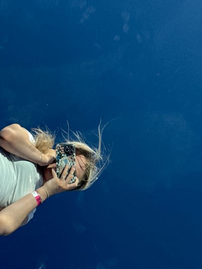 A young woman holds a phone with a floral case to cover her face. Her blonde hair is windblown. She wears rings and bracelets. A pink wristband is visible. The background is a plain dark blue sky. The image appears to be taken from a low angle, looking up at the subject.