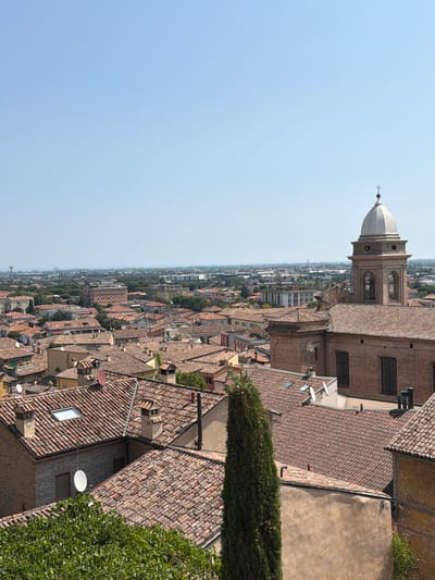 The image is a high-angle, full shot of a city skyline under a clear, pale blue sky. The foreground and midground are filled with tightly packed buildings, predominantly covered with red-tiled roofs. Chimneys are visible on many of the roofs. A prominent feature in the midground, towards the right, is a brick church tower with a domed, grey roof topped by a cross. The tower has arched openings and a bell. In the distance, more buildings and trees form a sprawling urban landscape, with a water tower visible on the horizon. The scene is bathed in daylight, casting subtle shadows. The overall impression is one of a historic Italian town.