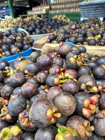 A large pile of mangosteens is displayed at a market stall in Ban Lam Po, Thailand. The fruits, varying in shades of deep purple and dark brown, are round with a thick rind and a crown of green leaves at the stem. Some fruits show signs of slight bruising or blemishes. The mangosteens are piled high in a wooden crate or on a wooden surface. In the background, other produce, possibly ginger, is visible in baskets and on shelves. A blue plastic container filled with more mangosteens is partially visible to the left. A grey basket and more produce are in the further background. The scene appears to be an outdoor market setting.
