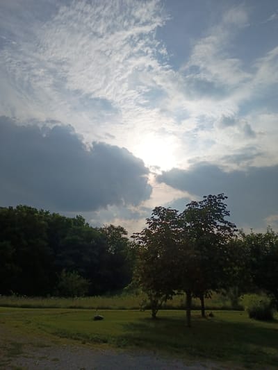 The image depicts a cloudy sky over a rural landscape, possibly in Stamping Ground, United States. The sun is visible through the clouds, creating a bright spot in the upper center of the frame. The lower portion of the image shows a line of trees, some of which are silhouetted against the sky. In the foreground, there is a grassy area with a small, dark object on the ground, possibly a rock or a piece of equipment. The overall scene suggests an outdoor environment with natural elements and subdued lighting.