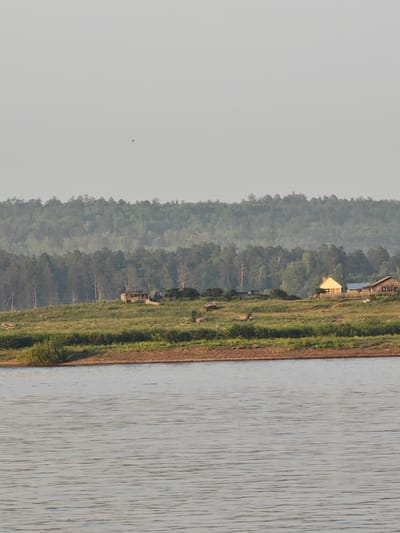 This is a landscape photograph taken from a body of water, likely the Angara River, looking towards the shore. In the foreground, the calm water surface is visible, with subtle ripples creating a textured pattern. The middle ground features a grassy embankment leading up to a small settlement on a hill. Several structures are present, including what appears to be a light yellow house with a dark roof, a weathered wooden building with a darker roof, and possibly other smaller sheds or outbuildings. The embankment is covered in green grass and some brown, rocky soil. In the background, a dense forest of pine trees stretches across a large hill or mountain. The sky above is clear and a pale, hazy blue. The overall scene depicts a rural, natural environment with a small human presence. The location is in the city of Lesosibirsk, Russia.