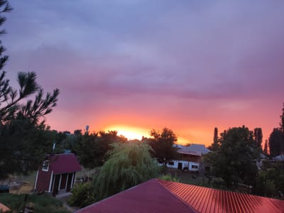This image captures a serene rural sunset scene in the vicinity of Mingchinar (Blagoveshchensky), Uzbekistan. The sky is ablaze with vibrant hues of orange, pink, and purple, indicating the sun is low on the horizon. Silhouetted against the colorful sky are the tops of various trees, some appearing lush and green, others bare.
In the foreground, the corrugated red roof of a building dominates the lower part of the frame, showing reflections of the sky, suggesting recent rain. To the left, a small, detached red building with a white trim and a porch is visible, partially obscured by the branches of a tall pine tree. Beyond this, the landscape is dotted with other structures, including houses with white walls and tiled roofs, characteristic of rural Uzbek architecture. Some of these houses appear to be single-story dwellings.
The environment is clearly rural, with a mix of trees and vegetation. The presence of what looks like a water tower or a similar structure in the background suggests a small village or settlement. There are no visible people in the image, and the overall impression is one of tranquility and the quiet beauty of a rural evening. The scene conveys a sense of peaceful coexistence between the natural environment and human habitation.