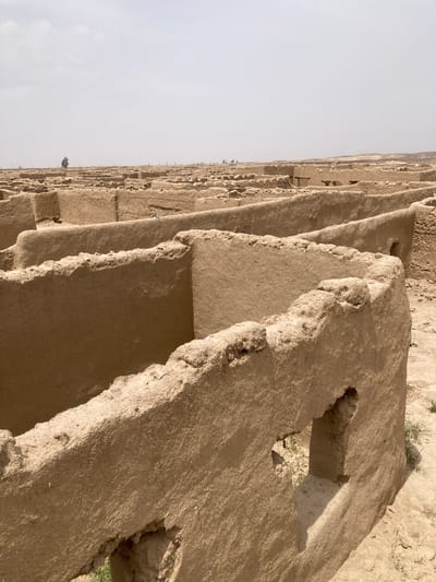 This image depicts the ruins of an ancient mud-brick structure in Saranan, Pakistan. The structure is composed of multiple layers or platforms, with visible eroded edges and a rectangular opening on one of the higher levels. The environment is arid and dusty, with sparse vegetation. The sky is overcast, providing muted lighting.