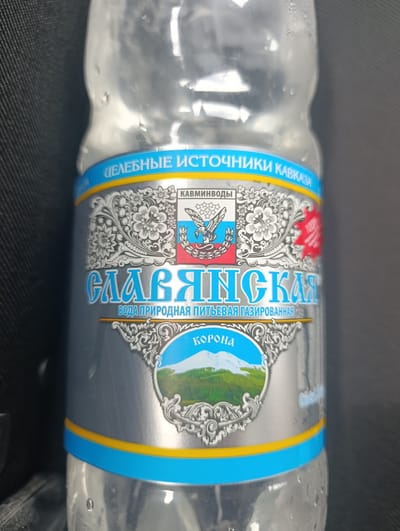 The image is a close-up, vertical shot of a plastic bottle of "Slavyanskaya" mineral water, likely taken indoors. The bottle is partially filled and condensation is visible on its surface. The label features ornate designs and text in Cyrillic. The prominent text includes "ЦЕЛЕБНЫЕ ИСТОЧНИКИ КАВКАЗА" (Healing Springs of the Caucasus), "СЛАВЯНСКАЯ" (Slavyanskaya), and "ВОДА ПРИРОДНАЯ ПИТЬЕВАЯ ГАЗИРОВАННАЯ" (Natural Drinking Carbonated Water). There is also an emblem depicting an eagle and a mountain landscape labeled "КОРОНА" (Crown). The background is dark and appears to be fabric, possibly clothing or upholstery. There are no people or actions depicted. The image does not provide any specific information that would allow for the determination of its location in the city of Zerkal'nyi, Russia.