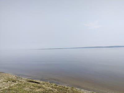 The image depicts a serene, wide body of water, likely a river or a lake, with a calm surface reflecting the overcast sky. The horizon is a faint, almost indistinguishable line where the water meets the distant shore, which appears as a muted, hazy strip of land with a slight elevation. The foreground shows a pebbly and sandy bank sparsely covered with low-lying green vegetation. A dark, cylindrical object, possibly a piece of driftwood, lies partially submerged at the water's edge. The overall atmosphere is tranquil and expansive, characterized by muted colors and a sense of vastness. The scene is consistent with a natural landscape found in the vicinity of Bestyakh, Russia, known for its extensive waterways and natural beauty.
