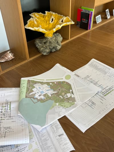 The image shows a cluttered wooden surface with architectural plans and objects, possibly in an office or workspace.
On the left side is a section of a wooden bookshelf. It contains:
* A stack of books, one of which has "MEXICO" and "visitmexico.com" on the cover, indicating it's related to tourism.
* A yellow decorative object resembling coral or a mask.
* A gray rock or stone.
* Small framed pictures at the top of the bookcase.
* A shell.
On the right side, several architectural plans are scattered on the surface. The plans include:
* Drawings of buildings, landscapes, and technical details.
* One plan shows a layout including water features, buildings, and greenery, possibly a park or resort area. "Av. de los Deportes y Av. Universidad" is written on this plan.
* Another plan is labeled "KÍNGU" and "MUEVO ACUARIO MAZATLAN" implying its location.
The plans also contain tables, schematics, and annotations in Spanish.