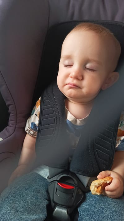 A baby is sleeping in a car seat. The baby has blond hair and is wearing a patterned shirt and blue jeans. The car seat is black with purple accents. The baby is holding a piece of food in their right hand. The scene appears to be inside a car, which is common for car seats. The question about Altdorf bei Nürnberg, Germany cannot be answered from the image alone.