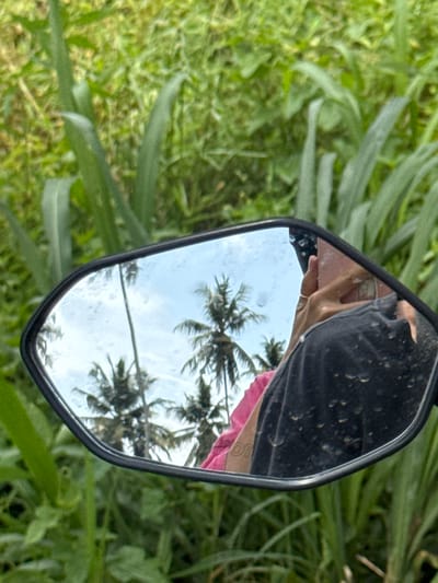 A side mirror of a vehicle, reflecting a person's face, palm trees, and a cloudy sky, is positioned against a backdrop of tall grass. The image appears to be taken outdoors in Thiththagalla, Sri Lanka, based on the tropical vegetation. The person in the mirror is wearing a dark-colored shirt with water spots, and the grass is a vibrant green.