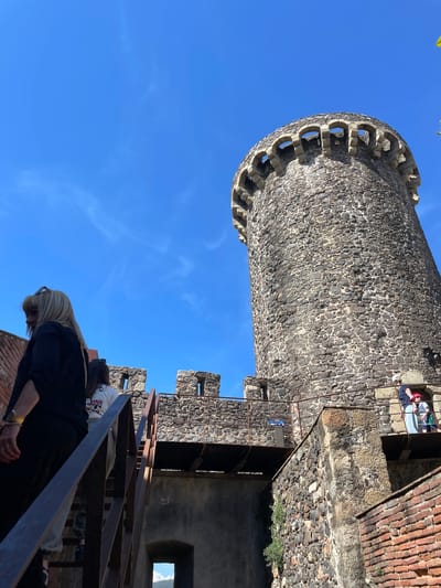 A low-angle shot reveals a medieval stone tower, likely part of a castle, set against a clear blue sky. The tower is made of rough, dark stones and features a crenellated top. Adjacent to the tower is a structure made of mixed stone and brick, with metal stairs leading up. Two people are visible in one of the tower's upper windows. At the bottom of the frame, a person with blonde hair and a dark blue garment is walking up the metal stairs.
This is a scene at the Castle of Hostalric, a medieval fortress in Hostalric, Spain.