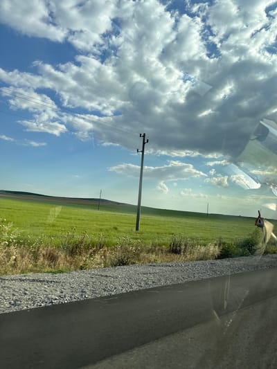 This is a landscape photograph, taken from inside a vehicle, looking out at a rural scene. The image is oriented vertically, with the horizon running across the middle of the frame.

The scene depicts a vast expanse of green fields under a bright, partly cloudy sky. Fluffy white clouds are scattered across a brilliant blue sky. In the foreground, on the right side of the frame, is the rough, gray texture of a road or embankment, suggesting the vantage point is from a moving vehicle. To the left of this, a strip of dry grass and wildflowers lines the edge of the cultivated fields.

Dominating the left side of the image are the large, voluminous clouds, reflecting sunlight and casting shadows. A wooden utility pole with insulators and wires stands prominently in the mid-ground, extending from the bottom to near the top of the frame. Further in the distance, another, smaller utility pole is visible in the field. The fields themselves appear to be agricultural, possibly crops or pasture, stretching towards a gently rolling horizon.

The lighting suggests it is daytime, likely late morning or early afternoon, given the brightness of the sun and the clarity of the sky. The overall impression is one of open space, nature, and a journey through a rural landscape. There is no visible text in the image.