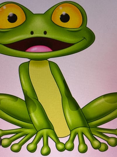 The image shows a close-up, cartoon illustration of two green frogs with large yellow eyes and black pupils. One frog is on the left, facing right with its mouth open wide, revealing a pink tongue. Its body is shown from the neck down, with two large eyes visible. The other frog is on the right, with its body and legs positioned in front of the first frog, obscuring part of its mouth and body. The second frog's legs are spread, with its toes splayed. The background is a plain, light purple. The illustration style is colorful and simplified. There are no discernible location cues, time of day, or weather. The emotions conveyed are humorous and playful due to the exaggerated facial features of the frogs. There is no visible text in the image.