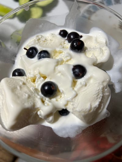 A close-up overhead shot shows scoops of white ice cream in a clear glass bowl, topped with black currants. The ice cream is melting slightly, with some of it dripping down the sides of the bowl. The black currants are dark and round, some with stems still attached. The lighting suggests it may be daytime, with shadows cast by the ice cream and fruit. The background is blurred, but appears to be a surface with some light green and reddish-brown elements, possibly indicating a table setting or outdoor scene. The overall impression is a refreshing dessert, possibly a treat on a warm day. The location is Copceac, Moldova. There is no visible text in the image.