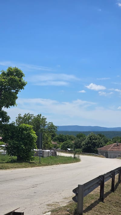The image depicts a rural scene in the city of Rudnik, Bulgaria. A winding asphalt road curves through a landscape dotted with trees and vegetation. In the foreground, a metal guardrail runs along the side of the road. On the left, a large green tree dominates the view, its branches extending towards the sky. Behind the tree and further along the road, several houses with red tile roofs are visible, nestled amongst the greenery. A signpost stands near the large tree. In the distance, rolling hills form a hazy horizon under a clear blue sky with scattered white clouds. The overall impression is one of a peaceful, sun-drenched rural setting.