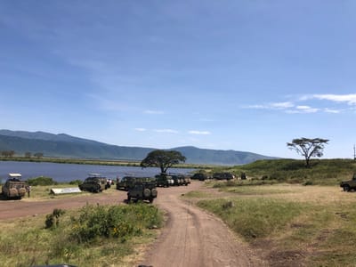 The scene is a dirt parking lot in the Ngorongoro Conservation Area in Tanzania, near a lake. Several vehicles are parked in the lot, and a few people are standing near them. The vehicles appear to be safari vehicles. The sky is blue and the air is clear. In the distance, there are mountains in the background and a tree on the right side of the frame. There is green grass and a dirt road leading out of the parking lot. The vehicles appear to be facing the lake.