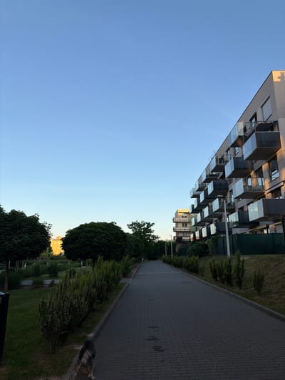 The image depicts a modern residential building with numerous balconies, located in the city of Lublin, Poland. The building is constructed with light-colored facade and features glass railings on its balconies. Adjacent to the building is a paved pathway, lined with small, manicured bushes. To the left of the pathway, a grassy area with neatly trimmed trees and other foliage is visible. In the background, another residential building with a yellow facade can be seen, suggesting a developed urban or suburban environment. The sky is clear and blue, indicating daylight. A dog on a leash, with its tail pointing towards the right, is positioned in the lower left corner of the image, walking along the pathway. The scene appears to be well-maintained and reflects a contemporary architectural style.