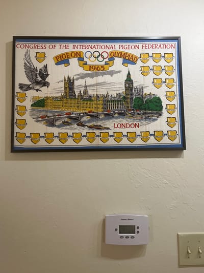 An indoor photograph captures a framed textile art piece, an American Standard thermostat, and a dual-toggle light switch plate mounted on a textured, light-colored wall. The framed art, positioned in the upper portion of the image, features an illustrated scene of London, including the Houses of Parliament, Big Ben, and the River Thames with bridges, red double-decker buses, and boats. A grey pigeon in flight is depicted on the left side of the artwork. Text within the art piece reads "CONGRESS OF THE INTERNATIONAL PIGEON FEDERATION," "PIGEON OLYMPIAD 1965," and "LONDON." The border of the artwork includes multiple yellow shield-shaped crests, each bearing the name of a country such as U.S.A., Sweden, Belgium, and England. Below the framed art, a white American Standard digital thermostat is mounted, displaying "71" as the temperature and "AUTO" for the mode. To the right of the thermostat, an off-white light switch plate with two toggle switches is visible. The wall surface is consistently textured. There are no individuals or discernible actions visible. The scene provides no identifying characteristics to specify a precise location within the city of Oklahoma City, United States.