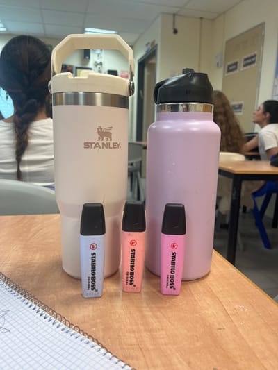 This image captures an indoor scene within an educational or communal study environment in Ness Ziona, Israel. In the foreground, a light-colored wooden desk surface features a spiral-bound notebook with graph paper on the lower-left. Dominating the center are two insulated bottles: a tall, light beige Stanley tumbler with a handle, silver rim, and a winged bear logo, positioned to the left; and a tall, light pink bottle, resembling a Hydro Flask, with a black lid and silver rim, to the right. Between and slightly in front of these bottles are three small STABILO BOSS ORIGINAL highlighters, from left to right: one light blue, one peach-orange, and one pink, all with black caps.

In the mid-ground, several individuals are visible. To the far left, a person with dark hair styled in a single braid, wearing a light-colored shirt, is seated with their back to the camera. To the right, a person with long, wavy brown hair is partially visible. Further right, an individual in a white t-shirt is seated at a desk with a visible blue chair leg, looking upwards and to the right. The background consists of light-colored walls, white ceiling tiles, a doorway, a portion of a whiteboard or notice board, and a ceiling-mounted security camera, consistent with a classroom or learning space setting.