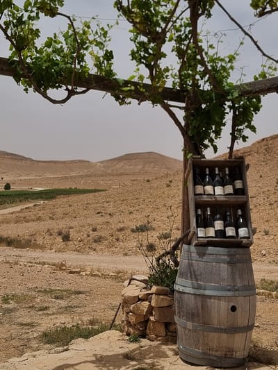 A landscape photograph shows a wooden barrel repurposed as a wine rack in Mizpe Ramon, Israel. The barrel, horizontally positioned and supported by stones, holds a wooden crate filled with wine bottles labeled "NANA". A tree with green foliage stands to the left, framing the scene. The background features a barren, desert landscape under an overcast sky. A road or path winds through the landscape.