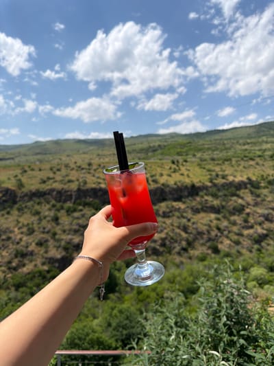 A person's left hand, adorned with a silver bracelet with a charm, holds a tall glass of a vibrant red beverage filled with ice, mint leaves, and two black straws. The drink is set against a backdrop of a lush, green valley with rolling hills and a partly cloudy blue sky. The scene appears to be captured from an elevated vantage point, possibly a restaurant or cafe terrace in Byurakan, Armenia, offering a scenic view of the surrounding natural landscape.