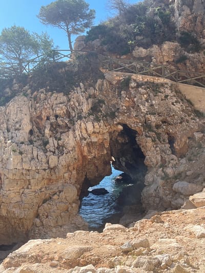 A vertical, medium shot captures a rocky coastal scene at El Poble Nou de Benitatxell / Benitachell, Spain. Predominantly, the image is filled with various shades of brown and gray rock formations. A small, arched opening in the rocks leads to the blue water of the sea. A wooden structure, possibly a walkway, is visible on the left side of the image, clinging to the cliffside. A tree is partially visible near the top of the frame. The sky is a bright, clear blue. The lighting suggests a sunny day. The overall scene conveys a sense of natural beauty and coastal topography.