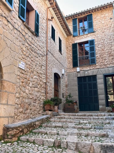 The image displays a stone-paved ascending street in Fornalutx, Spain, identified by a white street sign on the left wall reading "CARRER DE SANT JOAN" in black capital letters. The scene is framed by two multi-story buildings constructed from irregular, light-brown cut stone blocks.
On the left, a stone building features an arched opening at the lower left, followed by a lighter stone wall. Overhead, black electrical wires are strung across. Further along, a brown wooden door is set within a rounded archway in the stone wall, with a small plant in a terracotta pot positioned on the step below. Above this door, an open window with dark green louvered shutters and a light-colored wooden frame is visible. A vertical copper downspout runs along this building's facade.
The building on the right features multiple windows with dark green louvered shutters and brown wooden frames. The two prominent upper windows each have small wrought-iron balconies; the uppermost balcony holds a terracotta pot containing red flowering plants. At ground level, a large, dark green louvered double door is centrally located, flanked by grey stone block frames. To its left, another brown wooden door is set within a stone arch. Several potted plants, including terracotta pots and a rectangular wooden planter box, are arranged on the cobblestone steps and landings near the entrances.
The street itself consists of uneven, light-grey cobblestone steps, with small patches of green vegetation growing between the stones. A low stone bench or ledge borders the initial steps on the left side. The sky above is a uniform light grey. No individuals are present in the scene.