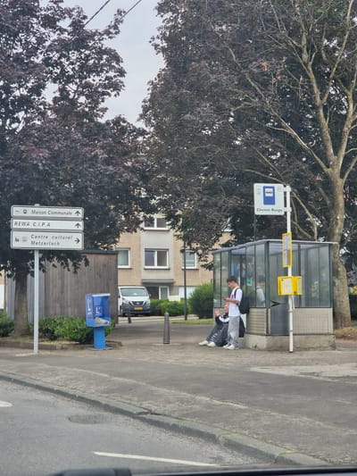 The image shows a street scene in Sanem, Luxembourg. In the foreground, a paved road with a curb is visible. To the left of the road, there is a blue newspaper stand. Behind the newspaper stand, a wooden fence is present. To the right of the fence, a street signpost with three directional signs is installed. The signs indicate "Maison Communale", "REWA C.I.P.A", and "Centre culturel Metzerlach". In the background, a building with multiple windows stands. Adjacent to the building, a bus stop shelter made of glass and metal is situated. Two young males are present at the bus stop. One, wearing a white t-shirt and grey pants, is standing and looking at his phone. The other, wearing a black and white hoodie and dark pants, is sitting. A white van is parked in front of the building. Large trees with dark foliage are visible on either side of the scene, and the sky is overcast.