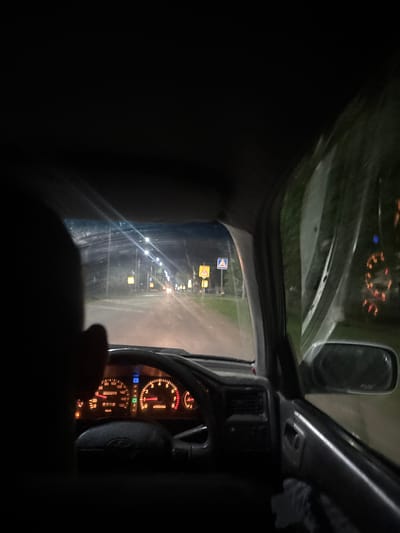 The image is taken from the interior of a car at night, looking out the windshield and side window. The driver's silhouette is visible on the left, with their hand near the steering wheel. The dashboard, illuminated with orange and green lights, displays the speedometer, odometer (reading 232886), and gear indicator (P, R, N, D, L). Outside, streetlights line a road, and yellow traffic signs are visible, one with a pedestrian crossing symbol. The scene appears to be a suburban or rural road with some vegetation along the sides. The motion blur suggests the car is in motion. Based on the visible elements, this could be a scene from the city of Ptichnik, Russia.