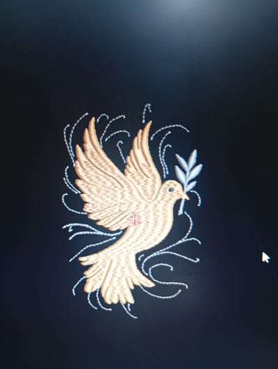 The image displays a digital embroidery of a dove with an olive branch in its beak. The dove is rendered in shades of beige and brown, with its wings spread. It is surrounded by stylized, swirling white lines that suggest movement or a decorative border. The background is a dark, solid color, likely black. There is no indication of a specific location in Rumuepirikom, Nigeria, or any real-world environment. The image is a digital representation and does not depict a scene within that city.