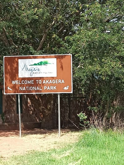 The photograph depicts a brown sign indicating the entrance to Akagera National Park. The sign displays the park's logo and the welcoming text. The sign is supported by two metal posts. Lush green trees are visible in the background, partially obscuring a wooden fence. A dirt path runs along the right side of the sign, bordered by green grass.