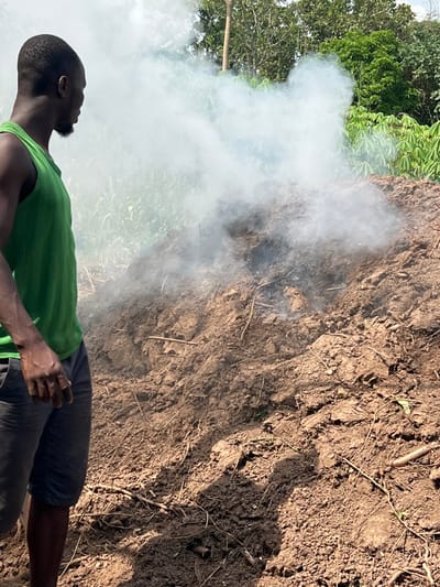 A black male, dressed in a green tank top and dark shorts, stands in profile on the left side of the frame, facing right. He observes a large, uneven mound of dark brown earth and organic matter located in the center-right of the image. This mound is actively emitting a significant plume of white to light grey smoke from its center. The ground immediately surrounding the mound is bare, dry, and dark brown, with visible shadows indicating direct sunlight from the upper right. In the background, lush green vegetation is present, including distinctive light green, palmate leaves suggestive of a cassava crop, and taller trees under a bright sky. The scene is set in an outdoor, rural environment in Logba Adzakoe, Ghana.