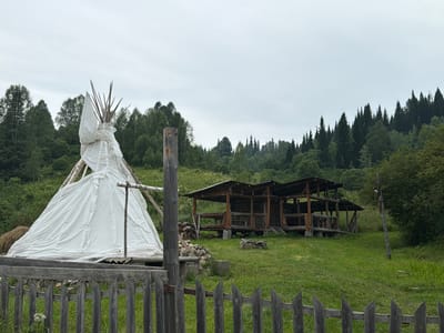 In Srednie Kichi, Russia, the image depicts an outdoor scene under a cloudy sky. In the foreground, a weathered wooden fence with pointed pickets runs horizontally across the frame. To the left, a large white tarp covers a structure resembling a teepee, supported by wooden poles. To the right of the teepee, a rustic wooden structure with a pitched roof stands open and appears to be a shelter or outbuilding. Piles of firewood and stones are visible near the structures. The background is dominated by a dense forest with a mix of evergreen and deciduous trees, suggesting a rural or natural setting. The ground is covered in green grass.
