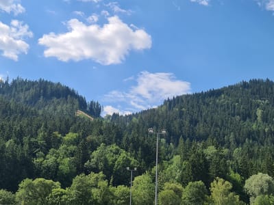 The image depicts a view of a forested hillside under a bright blue sky with scattered white clouds. Two tall lamp posts with multiple lights are visible in the foreground, positioned in front of the dense evergreen forest that covers the slopes. The trees are lush and varied in shades of green. In the distance, the hillside shows a patch cleared of trees, revealing lighter soil. The scene is serene and natural, suggesting a location within or near a natural park or recreational area. This scene is located in Sankt Marein im Mürztal, Austria.