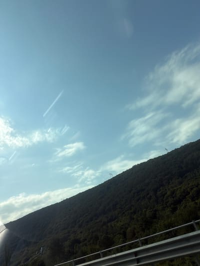 The image captures a scenic view of a dense forest on a mountainside, with a bright blue sky and scattered clouds above. The perspective is from a slightly elevated viewpoint, possibly from a vehicle or a road, with a metal railing visible in the foreground on the right side of the image. The railing is composed of horizontal bars, suggesting it might be part of a bridge, walkway, or barrier.

The forest covers the majority of the right side of the frame, appearing as a dark, textured mass of green foliage. The trees are closely packed, creating a rich, verdant slope. In the sky, wispy white clouds drift across the blue expanse, illuminated by what appears to be daylight. Two distant electrical pylons are visible against the sky, suggesting the presence of power lines in the area.

The orientation of the image is rotated, with the ground and forest appearing to be on the right and the sky on the left. This could be due to the camera being held at an angle. The lighting suggests it is daytime, likely with clear weather. There are some lens flares or light reflections visible on the left side of the image, particularly on the sky portion.

The overall mood conveyed is one of natural beauty and a sense of being outdoors. The location context provided, Yana, Bulgaria, indicates a mountainous or hilly region with significant forestation. There is no visible text in the image.
