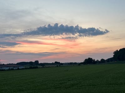 The image depicts a rural landscape at dusk, with a vibrant sunset painting the sky with hues of pink, orange, and purple, transitioning to a soft blue at the zenith. A prominent cloud formation stretches across the mid-sky, casting subtle shadows. Below the sky, a green field fills the foreground, dotted with small white flowers, suggesting a meadow or pasture. In the middle ground, a line of trees and rolling hills forms the horizon, with scattered buildings and structures visible. On the left side, a long, low-rise building with a red roof is partially obscured by the field. Further back, a cluster of trees marks the edge of a wooded area. The scene is peaceful and serene, indicative of the Bavarian countryside near Bad Endorf, Germany, a region known for its natural beauty and agricultural landscapes. There are no people or animals visible in the image. The overall impression is one of tranquility and the quiet beauty of nature at the end of the day.