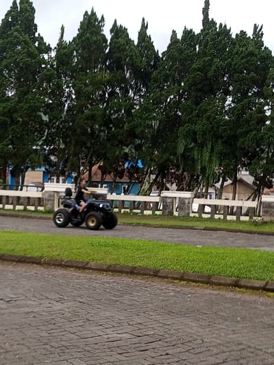 An all-terrain vehicle is moving on an asphalt road with an area of green grass on the left side. The driver is wearing dark clothing. In the background, there is a long fence behind which are tall, dark green trees. There are also some visible buildings with a variety of colors behind the fence and trees. The sky is overcast.