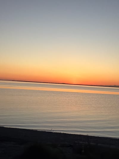 The image depicts a serene sunset over the Fraser River in Delta, Canada. The sky transitions from a pale blue at the top to a warm orange and yellow gradient near the horizon, indicating the setting sun. A thin, dark line on the horizon suggests distant land or tree lines. The water of the river is calm, with subtle ripples reflecting the colors of the sky. The foreground shows a dark, textured shoreline, possibly a beach or embankment, with some indistinct vegetation or debris. No people or specific objects are clearly discernible in the scene, which appears to be a natural landscape captured during the golden hour.