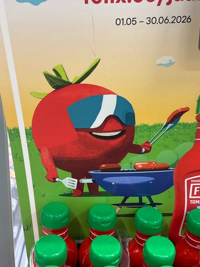 This media file depicts a cartoon illustration on a poster, featuring a playful scene centered around a red, anthropomorphic tomato character. The character is depicted in a vibrant, red hue, with a large, rounded body and distinctive green foliage sprouting from its head, resembling a stem. It wears a blue and white helmet, suggesting an adventurous or sporty theme.

The tomato character is engaged in a barbecue activity, holding a pair of silver barbecue tongs in one hand and a white spatula in the other. It appears to be tending to hot dogs on a blue barbecue grill in the background. The scene is set outdoors, indicated by a bright, yellowish-orange sky, suggesting a daytime setting, possibly sunny. The ground is covered in green grass with a few white tufts, further reinforcing the outdoor, park-like atmosphere.

In the background, there are several bottles with red bodies and green caps, arranged in a row. Some of these bottles have visible text: "MUUD", "F", and "TOMA" on one bottle, and "JA" on another, indicating they are likely food products, possibly ketchup bottles.

To the left of the central character, there is text displayed vertically: "01.05 - 30.06.2026". This indicates a date range, likely related to an event or promotion.

The overall mood of the illustration is cheerful and energetic, with bright colors and a whimsical character design. There are no discernible emotions conveyed by the character beyond its active engagement in the barbecue. The location context is Keila, Estonia, but this is not visually evident from the image itself.