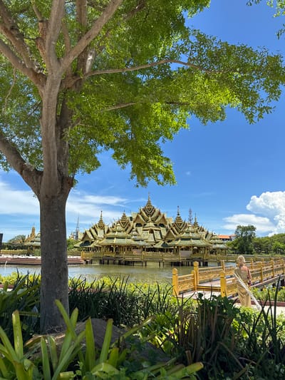 A landscape image shows a section of the Ancient City park, located in Bang Pu Subdistrict Municipality, Thailand. A large tree stands in the foreground, its trunk vertical and filling the center of the shot, and its green canopy reaching into the upper-left corner. Beyond the tree, the image reveals a body of water on which a traditional Thai pavilion structure is built, painted in gold and green. The structure is reflected in the water. To the right, vegetation consisting of bushes and plants can be seen. A partly visible figure of a blonde woman is wearing a golden dress, she is standing at the railing and watching the pavilion. The sky, visible above the pavilion and through the tree branches, is a clear blue with scattered white clouds.
