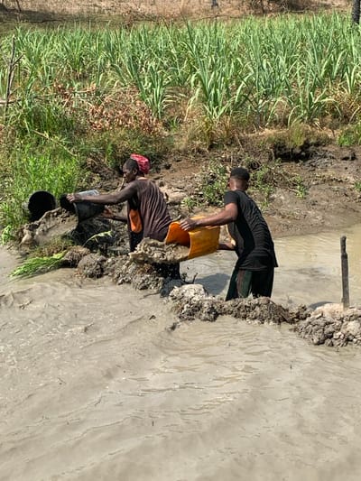 Two people are working by a muddy riverbank. The person closest to the camera is crouched, pouring something from a dark bucket into the river. The other person stands above, tilting a yellow container to also pour into the river. The river water is murky. Tall green grass grows along the bank, giving way to drier vegetation in the background.
