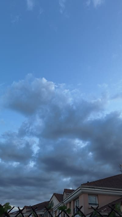 The image shows a view of the sky over Gournay-sur-Marne, France. The sky is filled with a mix of blue sky and dark, heavy clouds. The clouds appear to be gathering, suggesting an approaching storm or the end of a day. In the foreground, the rooftops of several buildings are visible, some with prominent brown tiled roofs. A black wire fence with some green leaves is also visible in the bottom foreground. The overall impression is one of an overcast sky over a residential area.