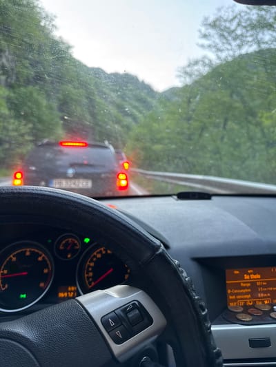 From within a vehicle, likely a car, a view shows the road ahead with another vehicle's taillights illuminated, suggesting it is stopping or slowing down. The surrounding environment is lush with greenery, indicating a forest or mountainous area. The vehicle is presumably located near Бачковски манастир, Bulgaria. The dashboard and steering wheel are visible, with the car's display showing some information and coins. The odometer reads 369121 km. The scene captures a moment in transit, potentially in traffic or approaching a scenic location.