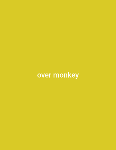 The image displays a uniform, solid yellow background. Centered on this background is the text "over monkey," rendered in white, lowercase, sans-serif characters. No other visual elements, such as individuals, objects, specific geographic features, or environmental details, are present within the frame. The entire depicted scene consists solely of this graphical text on a monochromatic field, understood to be located within the city of Koulamoutou, Gabon.