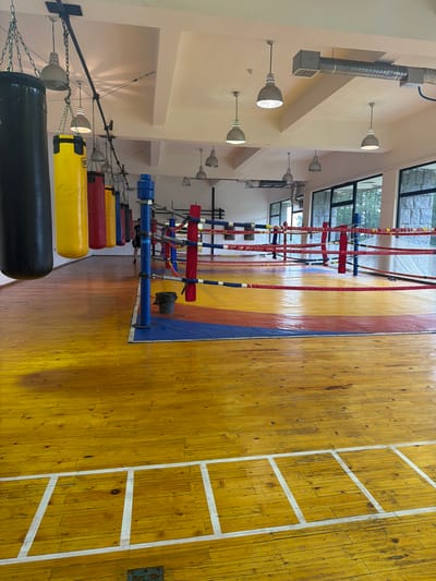The image depicts a boxing gym located in Cherna Mesta, Bulgaria. The gym features a boxing ring with red, yellow, and blue ropes, surrounded by a yellow and red mat. Heavy bags, one black and several colored, hang from chains on the left side of the gym. The floor is made of polished yellow wooden planks. Industrial-style lighting fixtures are visible on the ceiling, along with air conditioning vents. Large windows with stone accents line the back wall, offering a view of greenery outside. A trash can is placed near one of the boxing ring posts. A person in dark clothing is visible in the background, standing near the boxing ring. White lines are painted on the wooden floor in the foreground, possibly marking training areas.