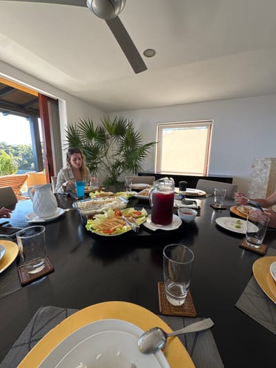 This image captures an indoor dining scene during the daytime, likely in a home or resort in Puerto Marqués, Mexico. The central focus is a long, dark rectangular dining table set for a meal.
At least two individuals are present: a woman with light-colored hair is seated on the left side of the table, looking towards the camera with a relaxed expression and a slight smile. Her arm rests on the table near a blue glass. The hand and arm of another person are visible at the far end of the table, appearing to serve or prepare food.
The table is neatly arranged with gold charger plates, white dinner plates, clear drinking glasses placed on woven brown placemats, and silver cutlery, including spoons and forks. Dishes of food are spread along the table; prominent among them are a large white platter featuring a salad with lettuce, tomatoes, and what appear to be fried fish or chicken strips, and a separate dish of white rice. A clear pitcher filled with a red beverage, possibly juice or sangria, sits near the center of the table, alongside smaller bowls that likely contain sauces or condiments.
The room has bright white walls and a high, sloping ceiling. A modern grey ceiling fan is visible in the upper left corner. A large, vibrant green palm-like plant adds a touch of nature to the interior decor. Two windows are visible: one in the background has a light-colored blind pulled down, while the window on the lower left offers a clear view of lush green trees and tropical foliage outside, reinforcing the warm, sunny location. The bright light streaming in indicates it is daytime. No visible text is present in the image.