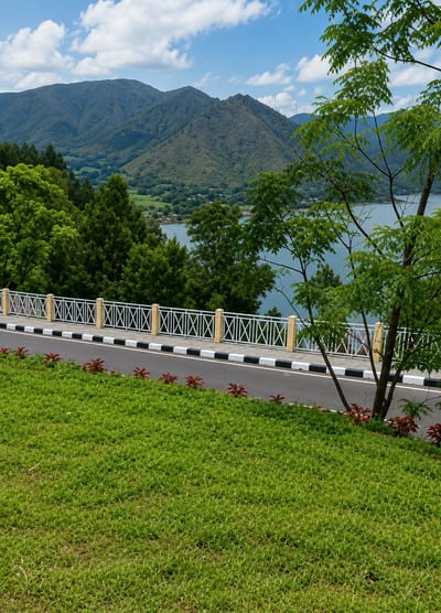 The image depicts a scenic overlook in Turpuk Sihotang, Indonesia, featuring a road, a decorative fence, a body of water, and rolling hills under a partly cloudy sky. In the foreground, a vibrant green lawn slopes downwards, punctuated by small, red-leafed plants lining the edge of the road. The asphalt road curves to the right, bordered by a white and black striped curb. A white metal fence with a decorative crisscross pattern and yellow posts runs along the side of the road, separating it from the steep drop-off. Beyond the fence, lush green trees dominate the middle ground, with a large body of calm, blue water visible through the foliage. In the background, verdant, tree-covered mountains rise against a sky filled with fluffy white clouds. No people or animals are visible in the scene.