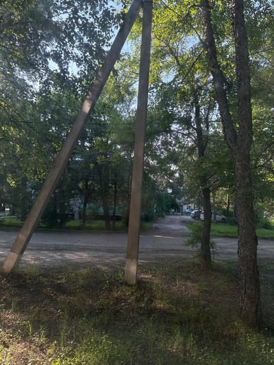 The image depicts an outdoor scene in Ivanovka, Russia, featuring a dirt road lined with trees and two large concrete poles in the foreground. Sunlight filters through the dense green foliage of mature trees, casting dappled shadows on the ground and road. The road appears to be a residential or unpaved street, with a few cars visible in the middle ground. The concrete poles are rough and weathered, with some white paint markings near their bases. The environment is naturalistic, with grass and undergrowth present along the sides of the road and around the base of the poles. The overall impression is a quiet, possibly rural or suburban, setting on a bright day.