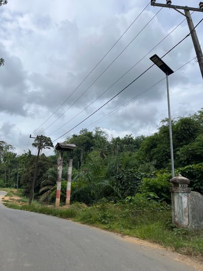 The image depicts an outdoor scene on a cloudy day. In the foreground, a paved asphalt road curves to the left. To the right of the road, a weathered, ornate stone pillar stands partially obscured by overgrown green vegetation. Further back, a modern solar-powered streetlamp on a metal pole is visible, strung with power lines.

In the midground, a wooden structure with a corrugated metal roof is perched atop two tall, slender poles that appear to be painted with alternating red and white bands. This structure is situated amidst dense green foliage, including palm trees and various other types of trees and bushes. Power lines stretch across the scene, supported by wooden utility poles.

The background consists of a dense, verdant forest that stretches up a gentle slope. The sky is overcast with heavy, gray clouds. The overall impression is that of a rural or semi-rural setting, possibly on the outskirts of a town or village. The presence of the solar streetlamp and power lines suggests some level of infrastructure. The location is identified as Sukamulia, Indonesia.