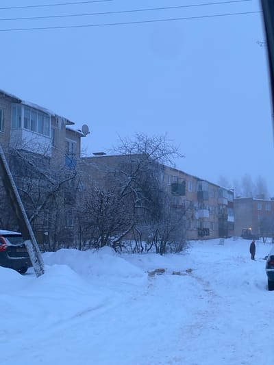 A winter scene shows a multi-story building covered in ice and snow. Bare trees stand in front, also coated in ice. A snowy path leads along the building's side, with deep snowbanks piled high. The sky is overcast, adding to the bleak, cold atmosphere. A satellite dish is visible on top of the building.