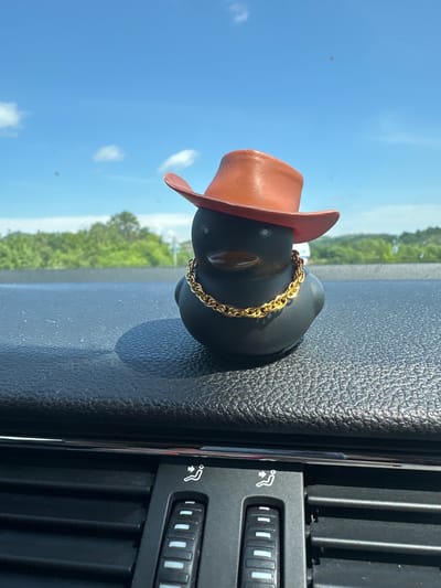 A black rubber duck toy, styled as a cowboy, is the central subject of this brightly lit image. The duck, made of what appears to be rubber or plastic, wears a reddish-brown cowboy hat and a prominent gold-colored chain around its neck. It is positioned on a black, textured car dashboard, likely serving as an ornament.
To the right of the duck, a section of a car's air vent is visible, featuring vertical slats and a black control dial with white markings. A symbol depicting a stylized person with an upward-pointing arrow, likely indicating airflow or ventilation settings, is visible on the vent unit. Several white horizontal bar indicators are also present on the control dial. A thin, vertical chrome trim separates the dashboard from the air vent assembly.
The background, seen through the car's windshield, reveals a clear blue sky with a few scattered white clouds. Below the sky, out-of-focus green trees and foliage stretch across the mid-ground, suggesting a rural or natural landscape. A blurred strip of what appears to be a road or distant terrain runs horizontally beneath the trees. The blurred nature of the background hints that the vehicle is in motion.
The scene takes place during bright daylight, indicating sunny weather. No people are visible. The setting is inside a car, likely on a road trip, with the suggested location being Bregovo, Bulgaria.
