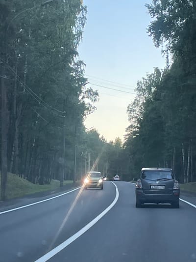 A rear view of a dark-colored SUV is captured on a paved road in Serovo, Russia. The SUV has a license plate that reads "x 108 от 98". The road is bordered by a white line on the right. On the left, a line of tall trees forms a dense forest. The sky is clear and light blue with some scattered clouds. There is another car in the distance, approaching from the opposite direction, with its headlights on. The overall lighting suggests it is either early morning or late afternoon.